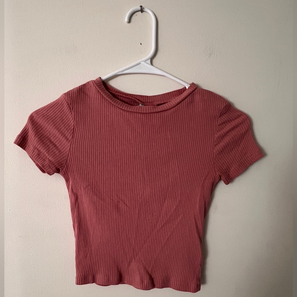H&M Ribbed Short Sleeve Top - Dusty Rose